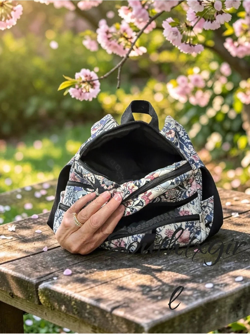 Quilted Floral Print Women’s Backpack - Navy & Cream